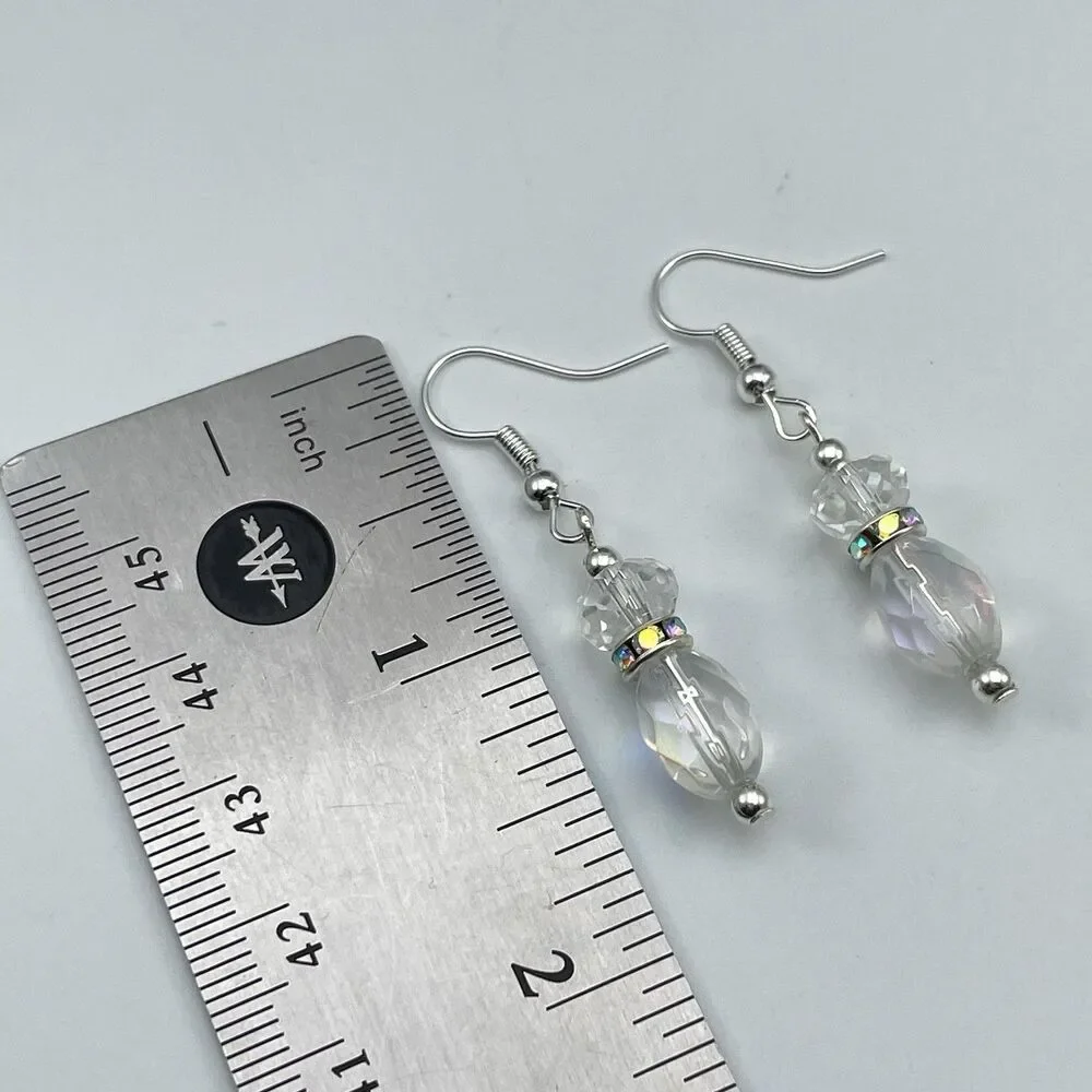 Stunning White AB Crystal Glass Beaded Dangle Earrings Silver Tone Rhinestone